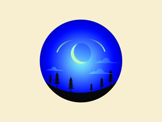 Vector landscape with silhouettes of black mountains with trees and moon in the middle of the night sky.