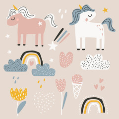 Set with cute unicorns, rainbows, flowers, ice cream and hearts on a white background. Vector illustration for printing on fabric, packaging paper, postcard. Cute children's background © Мария Бондаренко