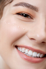 Happy portrait young woman with filler mimic wrinkles injections. Beauty plastic correct augmentation procedure.