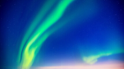Background banner colorful arctic polar night starry sky with aurora borealis and Northern Lights...