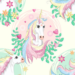 Fototapeta premium pattern with cute unicorns, clouds,rainbow and stars. Magic background with little unicorns