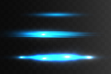 Blue horizontal lens flares pack. Laser beams, horizontal light rays.Beautiful light flares. Glowing streaks on dark background. Luminous abstract sparkling lined background.