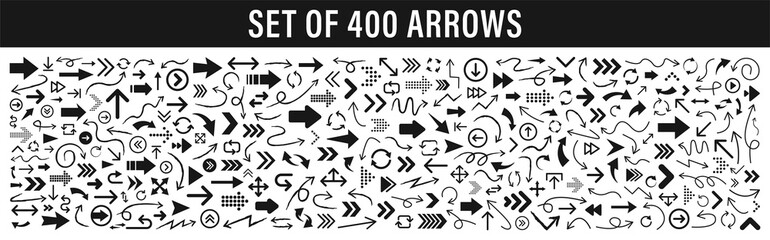 Arrows set of 400 black icons. Arrow icon. Arrow vector collection. Arrow. Cursor. Modern simple arrows. Vector illustration.	