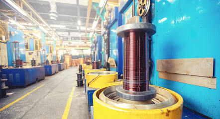 Copper wire cable production in coils, metal steel industrial plant