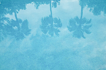 Reflection of the palm trees and cloudy sky in the clean water of the pool with small blue tiles. Close up, copy space, top view.