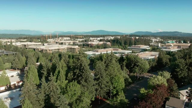 Aerial: Microsoft Campus in Redmond, Seattle, Washington, USA