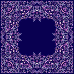 Bandana paisley design - blue and white ornament. Traditional ethnic floral pattern. Vector print square.