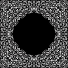 Bandana paisley design - black and white ornament. Traditional ethnic floral pattern. Vector print square.