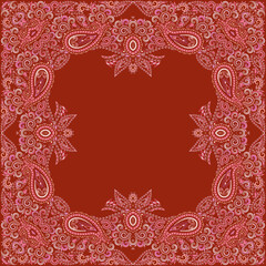 Bandana paisley design - red and white ornament. Traditional ethnic floral pattern. Vector print square.