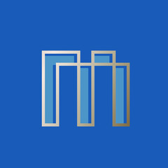 Letter M logo.Typographic icon.Lettering sign isolated on blue background.Alphabet initial.Modern, design, geometric, construction, tech style.