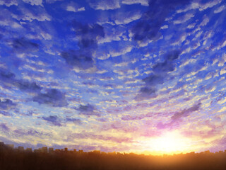 遠近感のある秋の夕暮れ、朝日、鱗雲