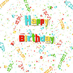 Happy Birthday greeting card with ribbons and confetti.