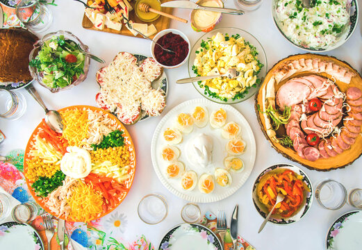 Traditional Ukrainian table for Easter, with a variety of dishes