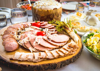Traditional Ukrainian table for Easter, with a variety of dishes