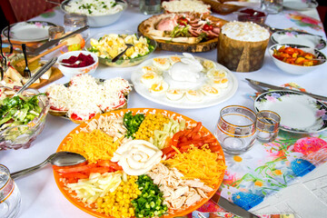 Traditional Ukrainian table for Easter, with a variety of dishes
