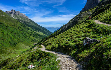 Fototapeta na wymiar A mountain trail towards the Elferspitze in Stubai Alps in Austria.