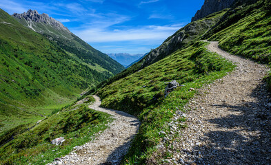 Fototapeta na wymiar A mountain trail towards the Elferspitze in Stubai Alps in Austria.
