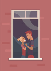 Window with people. Apartment building with people in open window spaces. Outer wall of house with couple in love. Human life concept. Block of flat house friendship concept