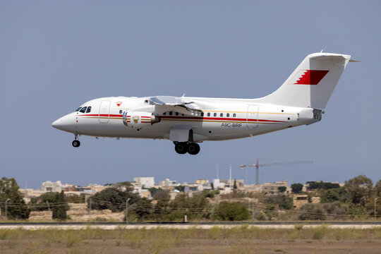 Luqa, Malta - August 27, 2021: Bahrain Air Force British Aerospace Avro 146-RJ70 (Reg.: A9C-BRF) arriving fresh from a new paint job in Norwich, UK.