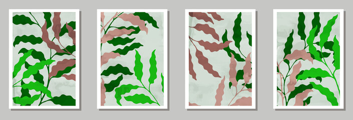 Botanical interior posters set. Summer twigs with leaves. Sage