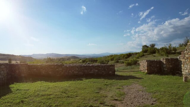 Aerial view of archaeological site, ruins of ancient town and church basilica, Bargala, Stip, Macedonia