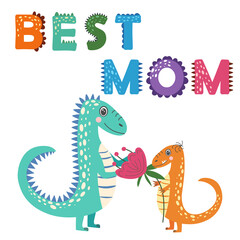 Fototapeta premium I love my mom. cartoon dinosaurs, hand drawing lettering, decoration elements. Colorful flat style illustration design