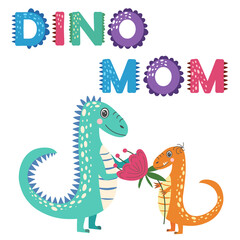 I love my mom. cartoon dinosaurs, hand drawing lettering, decoration elements. Colorful flat style illustration design