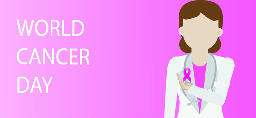 Illustration of Pink ribbon breast cancer sign in female doctor hand on a pink background, World cancer day concept.