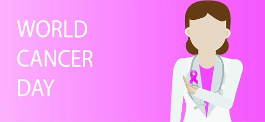 Illustration of Pink ribbon breast cancer sign in female doctor hand on a pink background,  World cancer day concept.