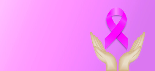 Illustration of Pink ribbon breast cancer sign on  hand with a pink background,  World cancer day concept.