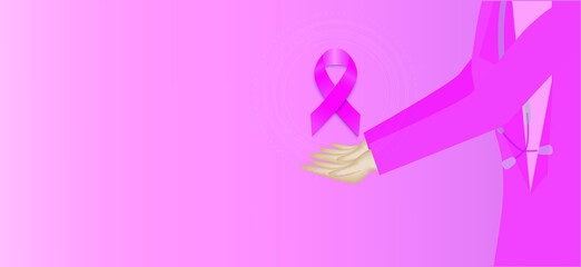 Illustration of Pink ribbon breast cancer sign on  hand with a pink background,  World cancer day concept.