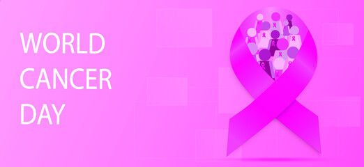 Illustration of Pink ribbon breast cancer sign on a pink background,  World cancer day concept.