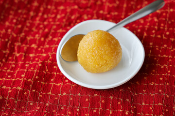 Motichoor Ladoo Rava Laddu, Kesar laddu Semolina Indian sweet dish mithai Diwali Dussehra Holi Ram...