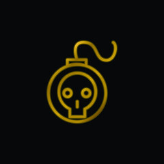 Bomb With Skull Outline gold plated metalic icon or logo vector
