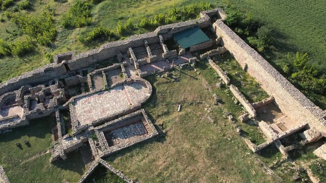 Aerial view of archaeological site, ruins of ancient town and church basilica, Bargala, Stip, Macedonia