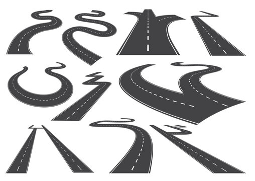 Bending roads, high ways or roadways. Collection of winding road design elements with white markings. Asphalt road curves, turns, bankings and perspectives. Set of curved and straight city roads