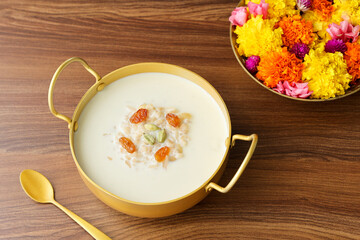 Rice Kheer Indian Sweet Payesh, Onam Payasam, Phirni dessert Mumbai, Kerala, India mithai festival sweet dish Diwali, Dussehra, Holi ganesh chaturthi, Ram navami, Durga pooja, durga ashtami ,Navratri.
