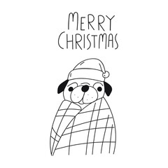 Merry Christmas. Pug wrapped in plaid wearing Santa's hat. Outline vector illustration on white background.
