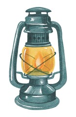 Hand drawing watercolor isolated kerosene lamp. Use for poster, flyers, print, postcard, template, print, pattern, shop, advertising, stickers