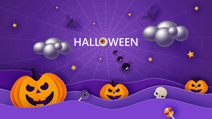 Happy Halloween banner or party invitation background with moon, bats and funny pumpkins in paper cut style. Vector illustration.