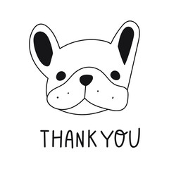 Cute face of French bulldog with words - thank you. Outline vector illustration on white background.