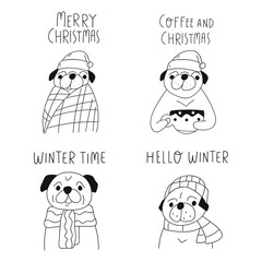 Set of cute dogs. Merry Christmas. Winter time, Hello winter. Outline vector illustrations on white background.