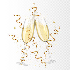 Transparent realistic two glasses of champagne with ribbons and confetti, isolated.  © Aliona Manakova