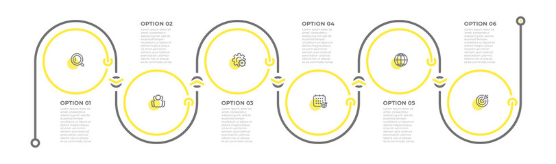 Business infographic template. Timeline process with icons and 6 options. Vector illustration.