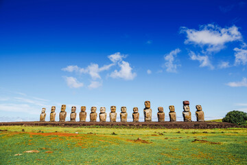 Moais statues on Ahu Tongariki - the largest ahu on Easter Island. Chile