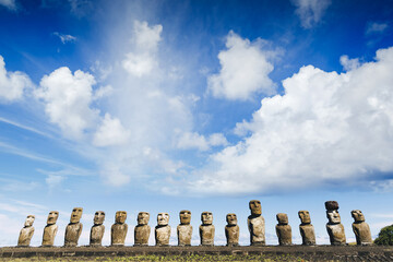 Moais statues on Ahu Tongariki - the largest ahu on Easter Island. Chile