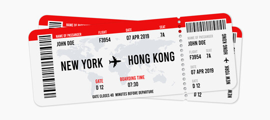Realistic airline ticket design with passenger name. illustration - obrazy, fototapety, plakaty