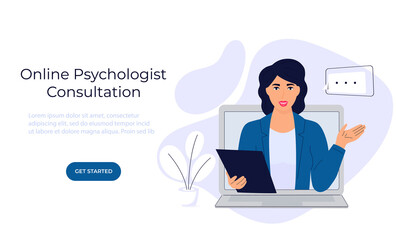 Fototapeta na wymiar Psychologist online. Caucasian woman psychotherapist consults by video call on laptop. eTherapy. Psychotherapeutic, psychiatric aid. Web page template.