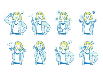 若い女性の表情セットのイラスト