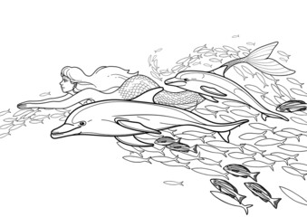 Graphic mermaid swimming under the ocean surface among the dolphins and the school of fish